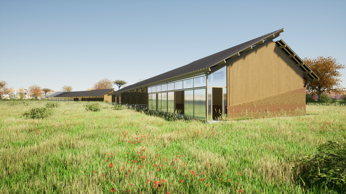 Sharing Farm : bâtiment agricole en bois ouvert sur une prairie à Lavérune